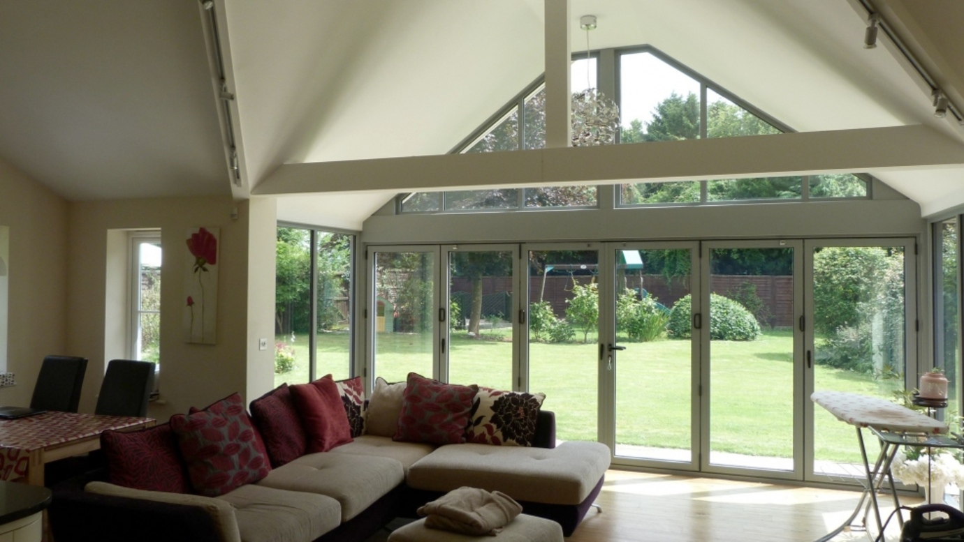 Aluminium windows with bi-fold doors closed, interior